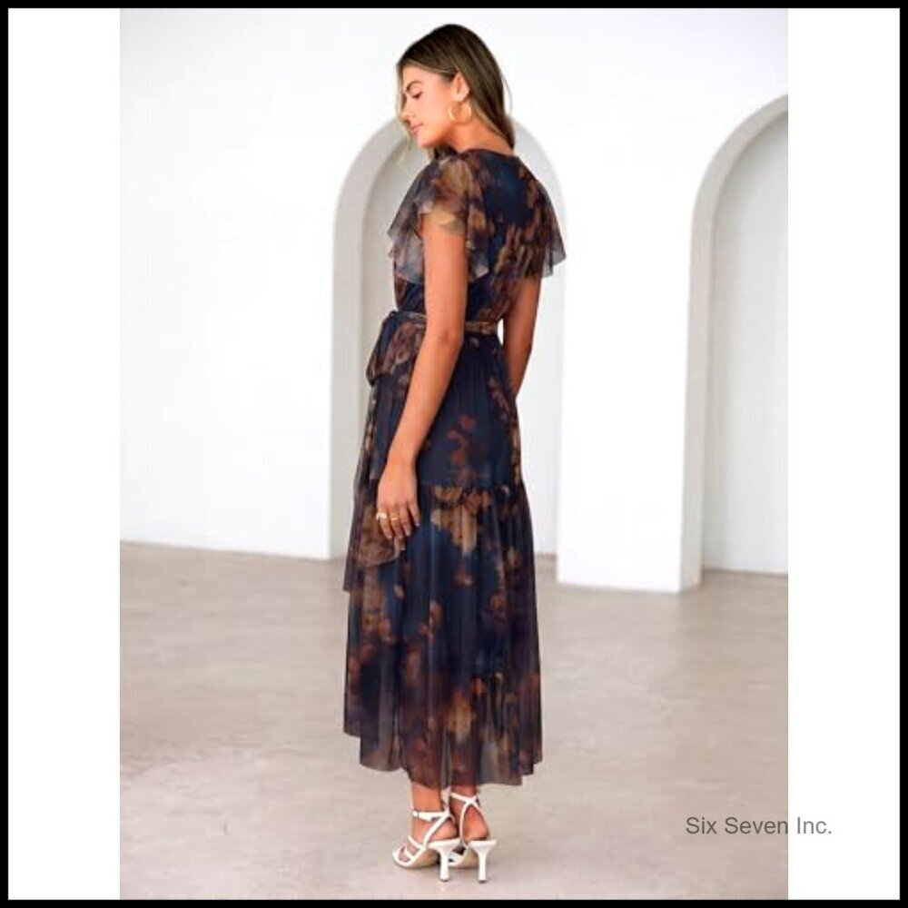 Summer Floral Maxi Dress with V-Neck Short Sleeve Belted Mesh Hem - Picture 6 of 7